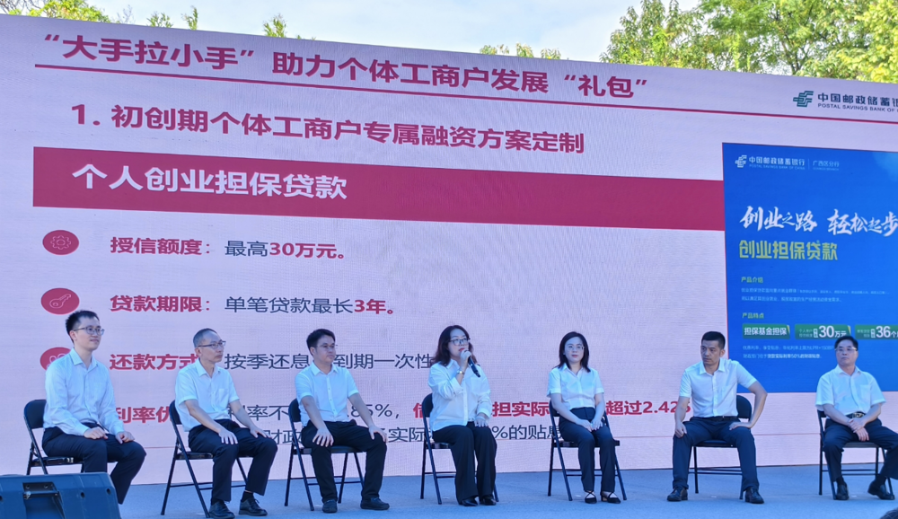 邮储银行广西区分行三农金融事业部总经理徐颖丽介绍支持个体工商户发展“礼包”。