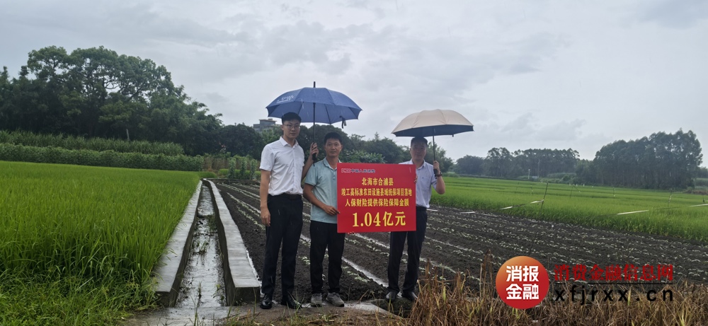 人保财险北海市分公司农险部、合浦县支公司负责人与合浦县农业农村局股长,在合浦县廉州镇高标准农田田垄上手持签单“农田设施损毁综合保险”的标牌  人保财险北海市分公司供图 人保财险北海市分公司农险部、合浦县支公司负责人与合浦县农业农村局股长,在合浦县廉州镇高标准农田田垄上手持签单“农田设施损毁综合保险”的标牌  人保财险北海市分公司供图